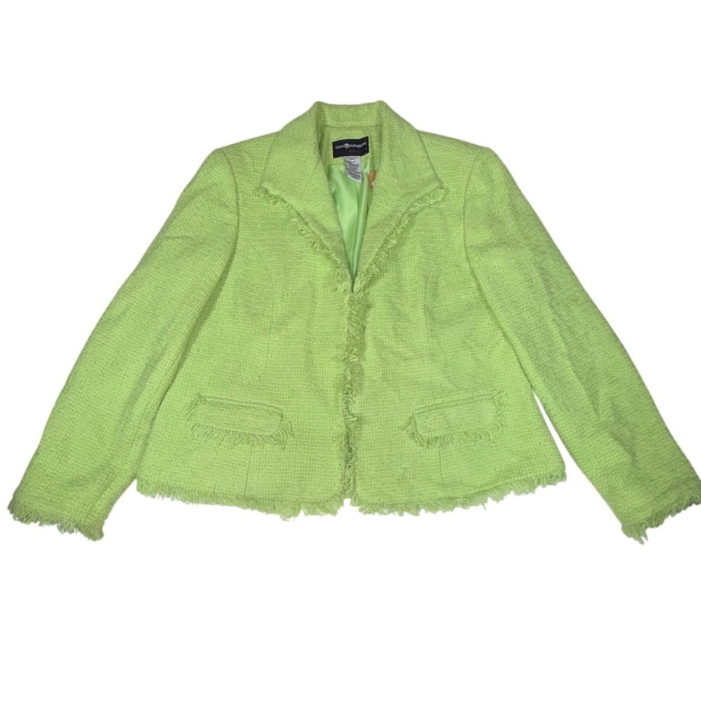 Sag Harbor Petite Tweed Fringe Blazer Women 12P Lime Green Open Front Jacket